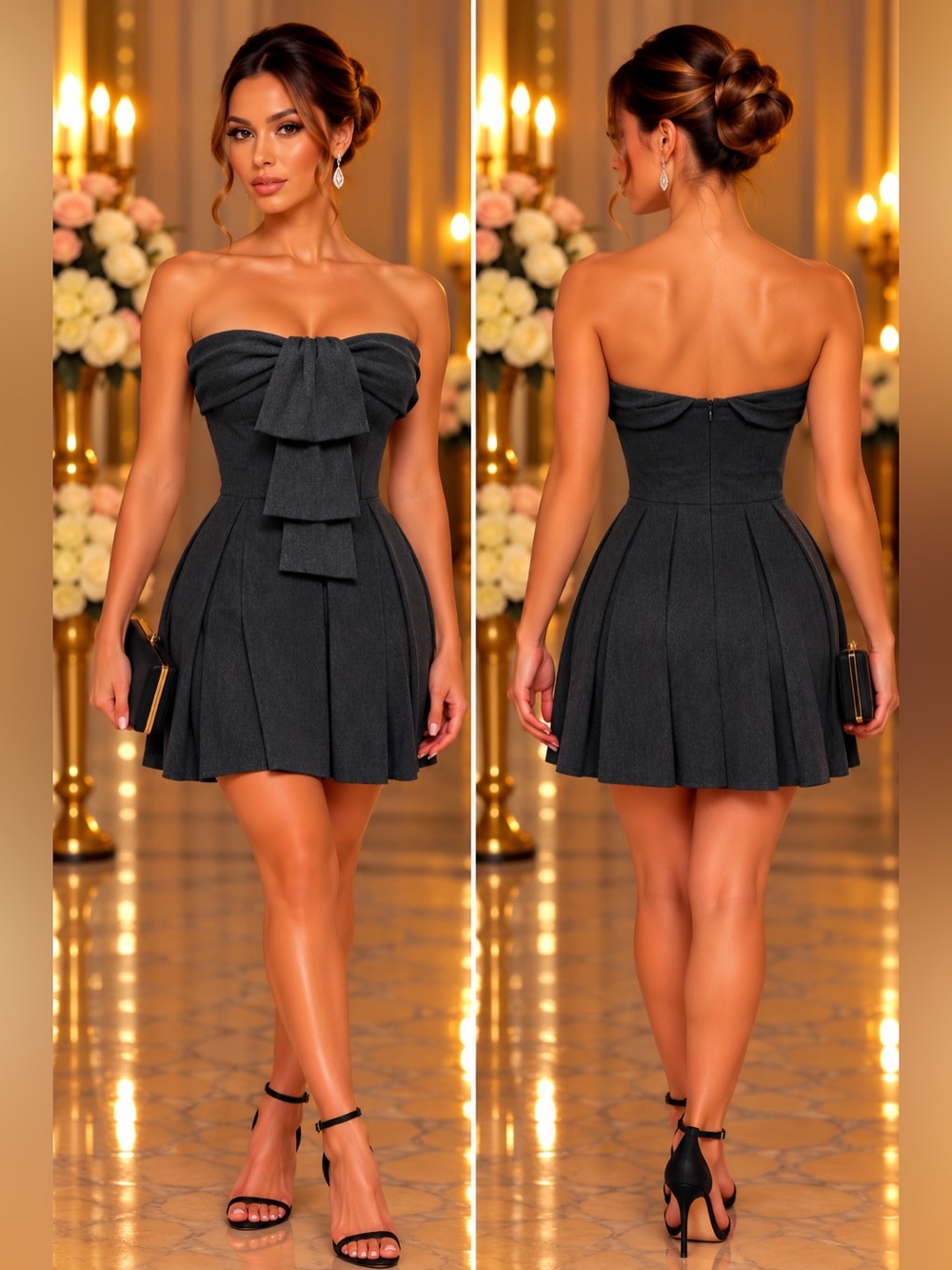 BCBGeneration Black Linen Blend Strapless Statement Bow Skort Romper Size 4